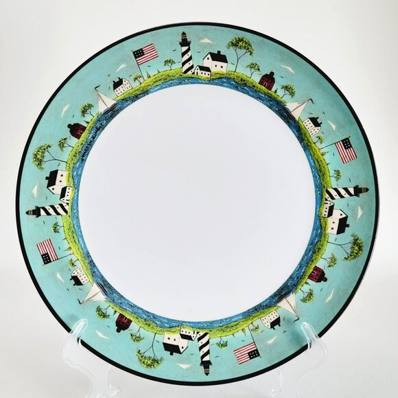 Coastal Breeze Plastic Dinner Plate Set Lighthouse & Flag Warren Kimble Folk Art - Picture 2 of 11